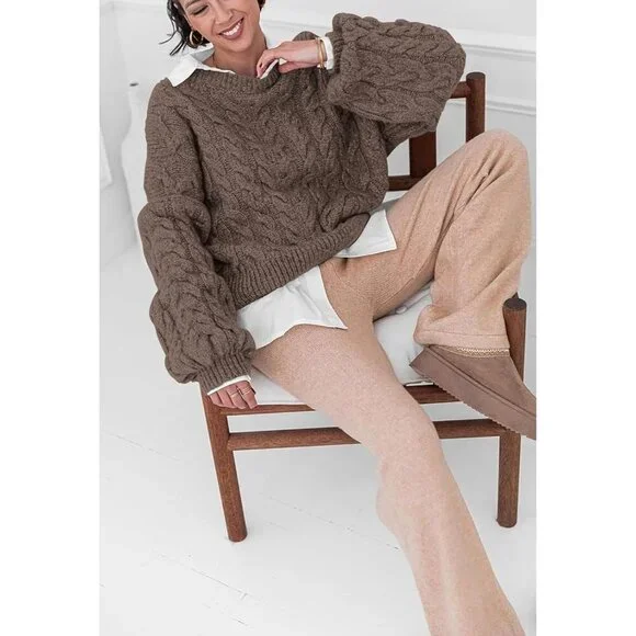 Women's Deep Brown Spring Fall Cable Knit Long Sleeve Crewneck Oversized Sweater - Picture 5 of 6